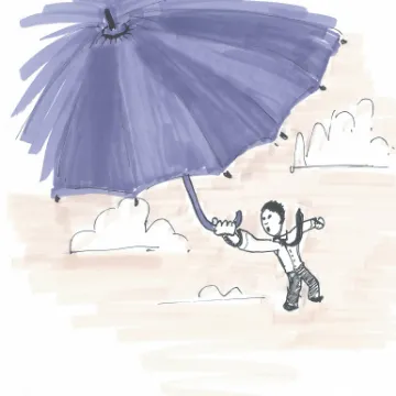 Illustration of a man carried into the sky holding a large purple umbrella