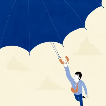 Illustration of a man hanging from a navy umbrella against a pale sky