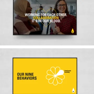 Two slides: a team photographed under “Working for each other, it’s in our blood”, and a yellow slide reading “Our nine behaviors”