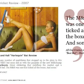 Magazine spread reviewing the Millichamp and Hall Harlequin bat, with a pull quote calling it the best bat