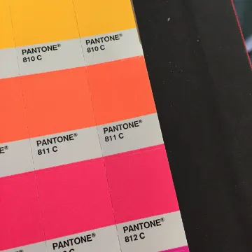 Pantone chip books fanned out across oranges and pinks
