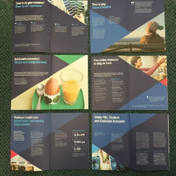 A grid of financial brochure spreads in dark green and navy