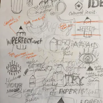 A page of rapid icon sketches exploring an imperfect, hand-rendered idea