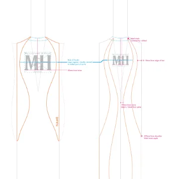 Technical drawings of a cricket bat profile with the MH monogram and measurements