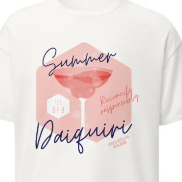 A cream t-shirt printed “Summer Daiquiri” with a cocktail glass mark