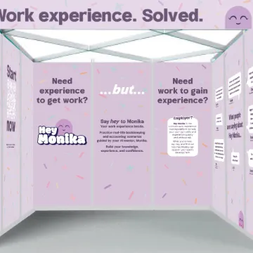 An exhibition stand for Hey Monika, headed “Work experience. Solved.”