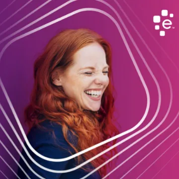 A laughing woman on a magenta background with looping line graphics