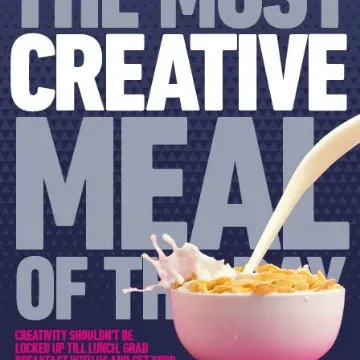 Poster reading “The most creative meal of the day”, cereal being poured, for a breakfast event
