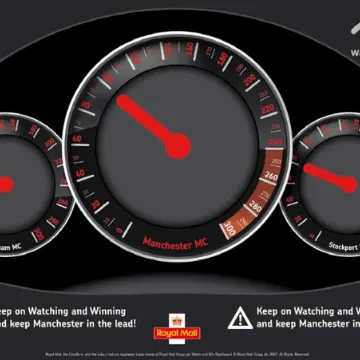 A car dashboard graphic for a Royal Mail “Watch & Win” promotion across Manchester and Stockport