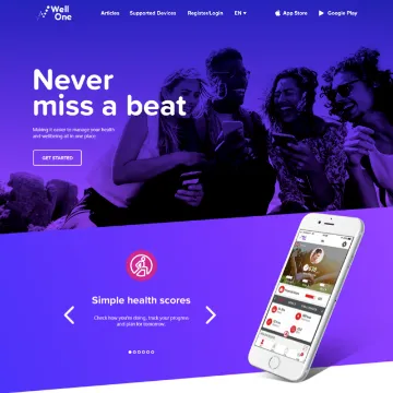 Well One website design reading “Never miss a beat”, with the app shown on a phone
