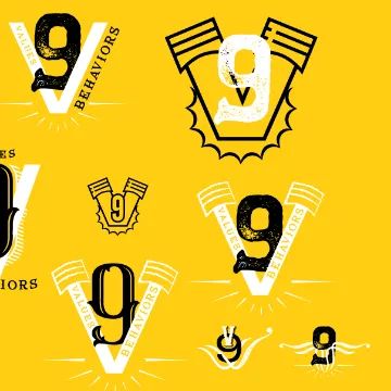 Yellow poster of numeral nines drawn in varied illustrated styles, for a nine-behaviours identity