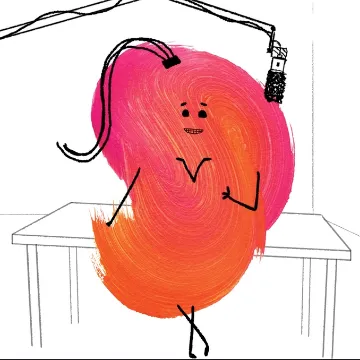 A cartoon of a round pink and orange character singing into a microphone